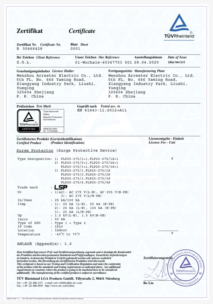 TUV Certificate AC Surge Protective Device SPD Type 1 Type 2 FLP25-275