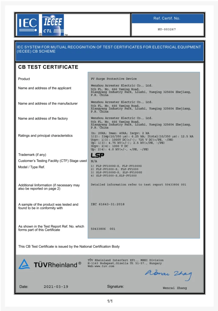 CB Certificate - 1000V DC Surge Protection Device SPD for Inverter Solar Panel PV DC Combiner Box Type 1 Type 2
