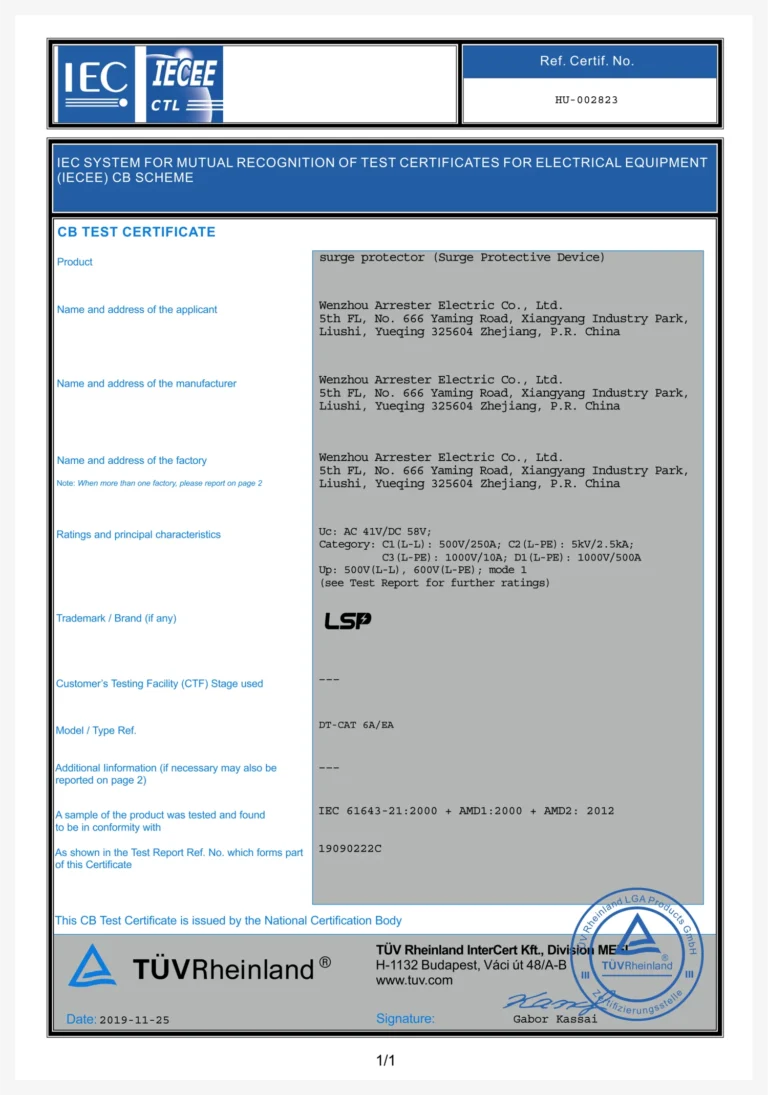 CB-sertifikat &ndash; Power over Ethernet overspenningsvern PoE SPD DT-CAT-6A-EA