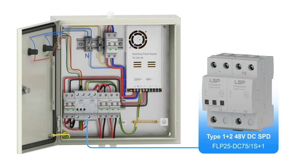 Type 1+2 48V 75V DC Surge Protector SPD FLP25-DC75-1S1 Wiring Diagram and Installation for Electrical DC Distribution Board Panel Box Switchboard Cabinet Enclosure