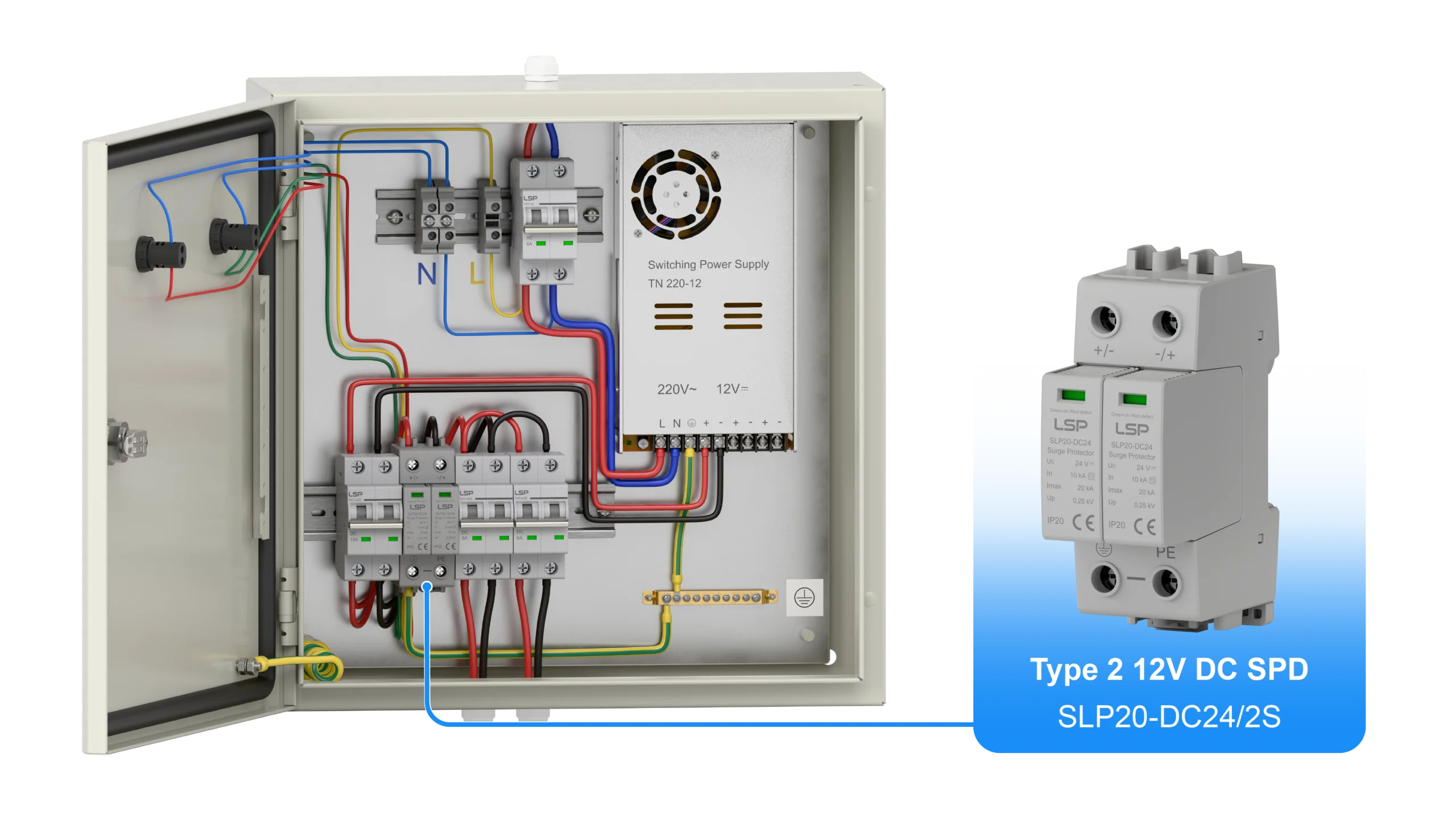 Type 2 12V 24V DC Surge Protector SPD SLP20-DC24-2S Wiring Diagram and Installation for Electrical DC Distribution Board Panel Box Switchboard Cabinet Enclosure