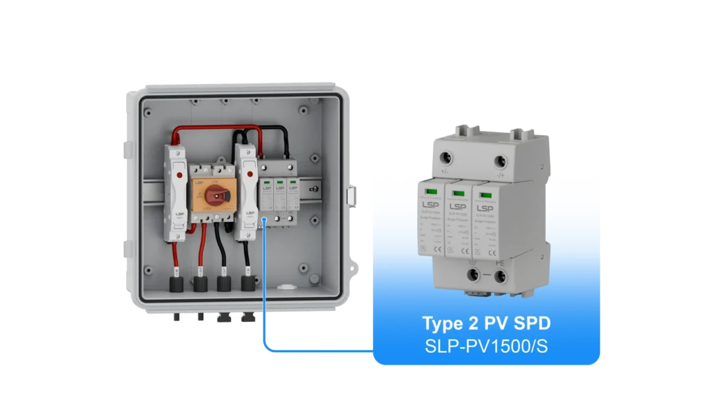 Устройство защиты от перенапряжения солнечной фотоэлектрической системы постоянного тока типа 2 SPD SLP-PV1500-S Схема подключения и установка для комбинированной коробки фотоэлектрической системы