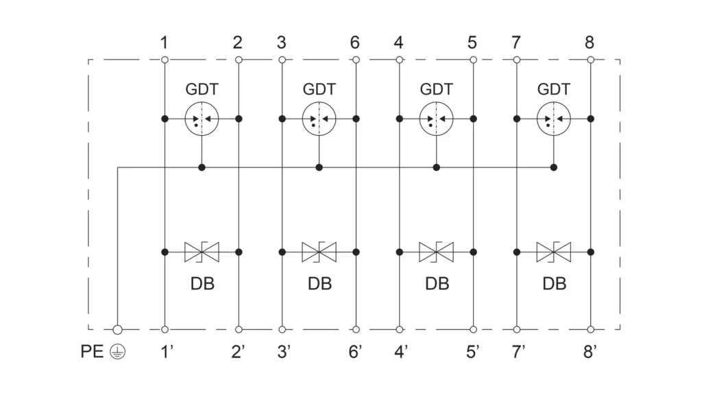 Basic Circuit Diagram - Power over Ethernet PoE Surge Protector Device DT-CAT6-DIN