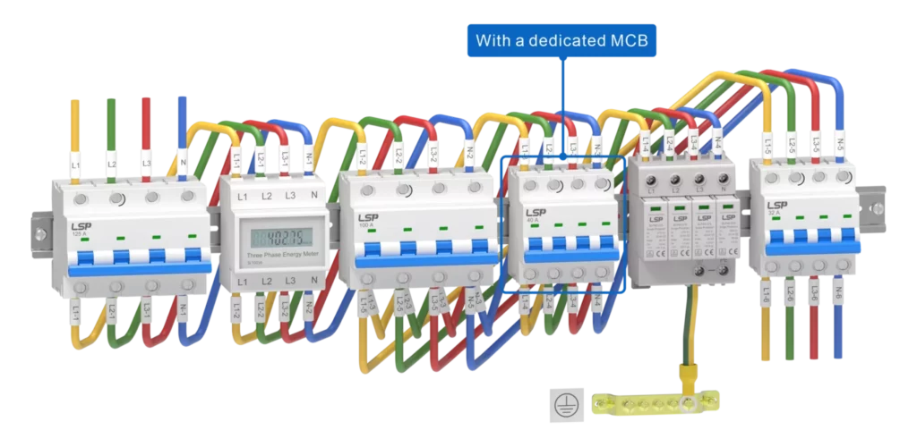 Schema di collegamento del contatore di energia trifase con dispositivo di protezione contro le sovratensioni SPD con interruttore automatico MCB dedicato