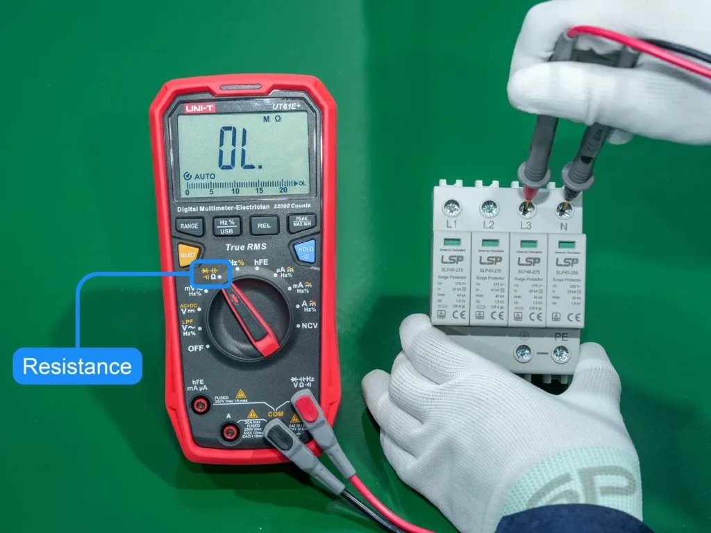 Turn the-function dial to the Ω position to Test Surge Protector with Multimeter