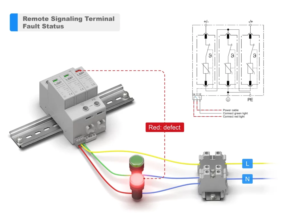 Type 2 solcelle-DC overspenningsvern SPD SLP-PV1000-S fjernsignaleringsterminal feilstatus Koblingsskjema installasjon tilkobling