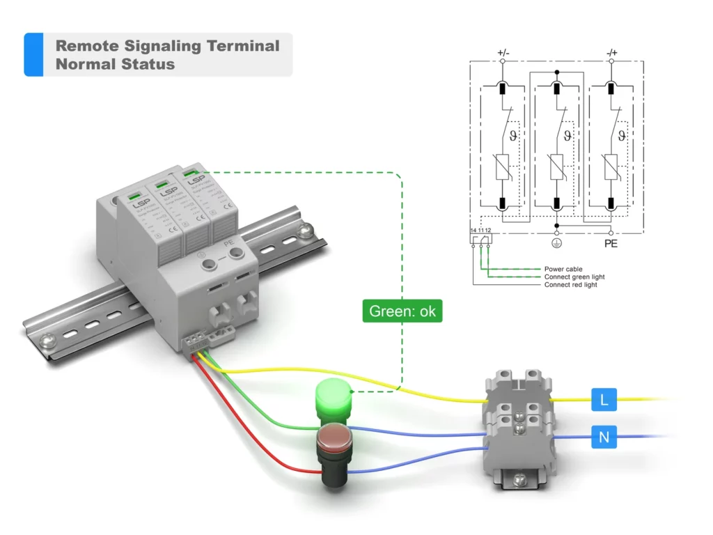 Устройство защиты от перенапряжения солнечной фотоэлектрической системы постоянного тока типа 2 SPD SLP-PV1000-S с удаленным сигнальным терминалом, нормальное состояние. Схема подключения, установка, соединение.