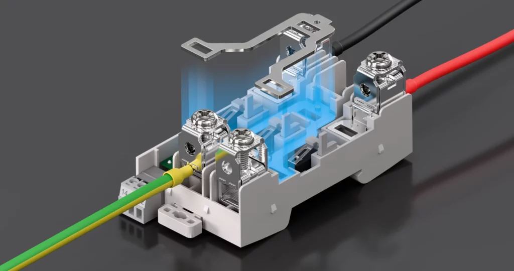 Thiết bị bảo vệ qu&aacute; &aacute;p DC cho hệ thống quang điện mặt trời loại 1+2 (SPD) với cổng tiếp đất được thiết kế lại.