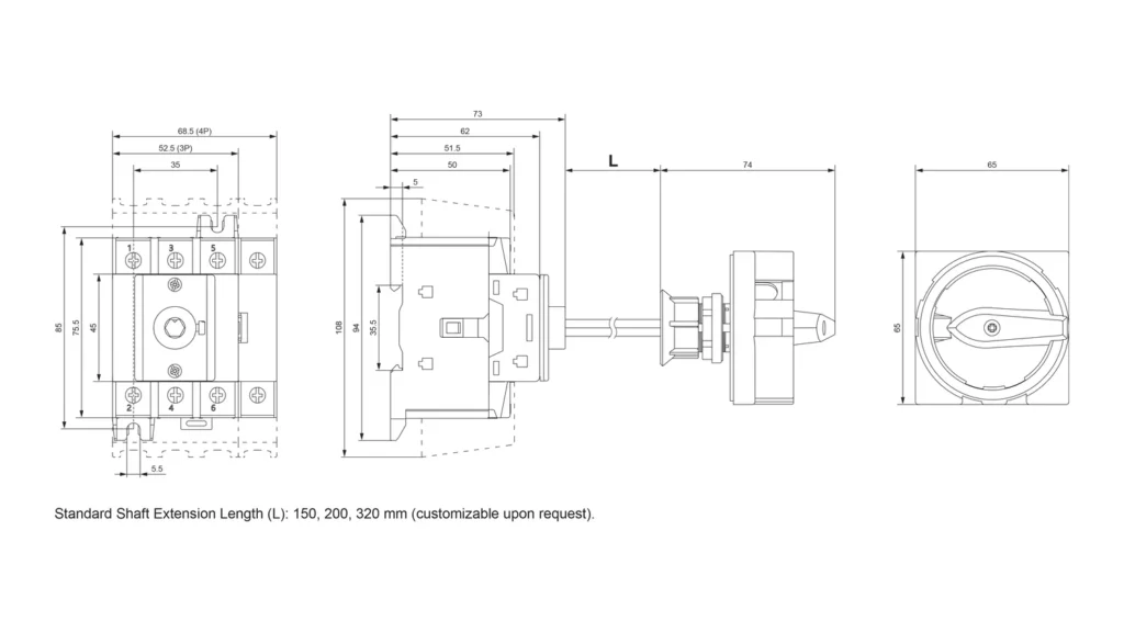 الأبعاد - مفتاح عزل التيار المتردد LAS-80-3D(T) و LAS-80-4D(T)