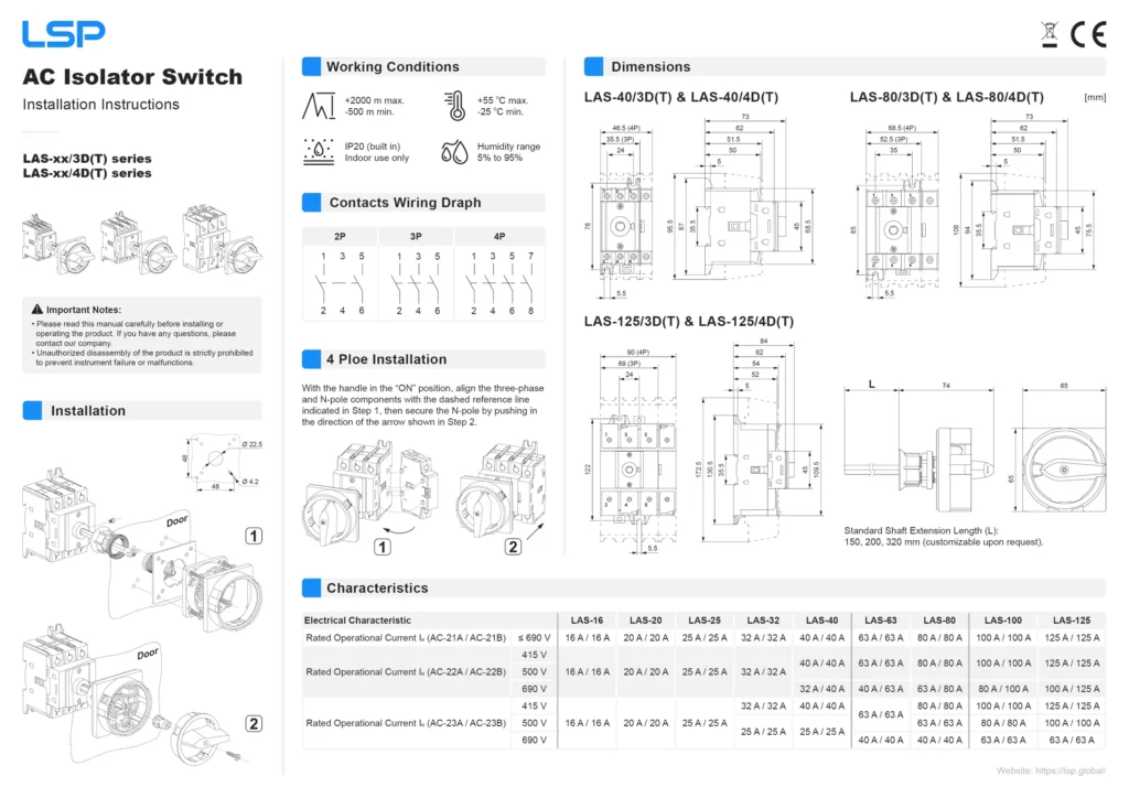 تعليمات التركيب - سلسلة مفاتيح عزل التيار المتردد LAS-xx-3D، LAS-xx-4D