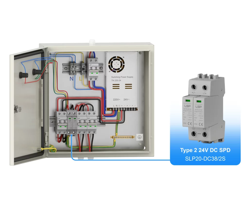 Тип 2 24 В 38 В постоянного тока Устройство защиты от перенапряжения SPD SLP20-DC38-2S Схема подключения и установка для электрической панели распределения постоянного тока, распределительного щита, шкафа распределительного щита