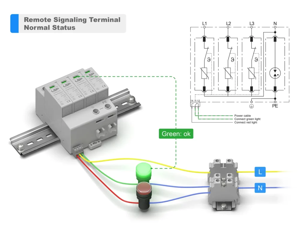 Dispositivo de protecci&oacute;n contra sobretensiones tipo 2 SPD SLP40-275-3S1 terminal de se&ntilde;alizaci&oacute;n remota estado normal Diagrama de cableado conexi&oacute;n de instalaci&oacute;n